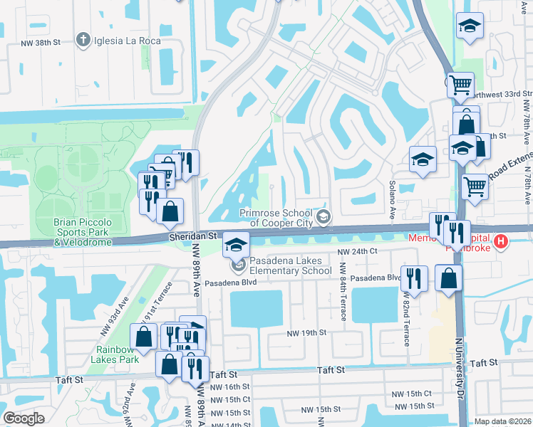 map of restaurants, bars, coffee shops, grocery stores, and more near 2652 Northwest 87th Terrace in Pembroke Pines