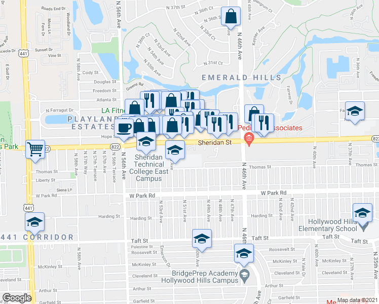 map of restaurants, bars, coffee shops, grocery stores, and more near 5008 Sheridan Street in Hollywood