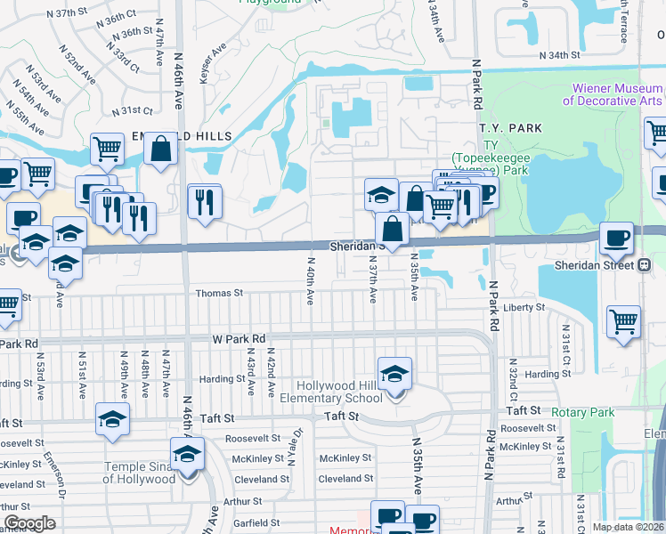 map of restaurants, bars, coffee shops, grocery stores, and more near 3850 Sheridan Street in Hollywood