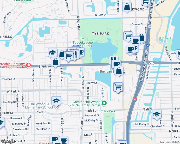 map of restaurants, bars, coffee shops, grocery stores, and more near 3134 Byron Circle in Hollywood