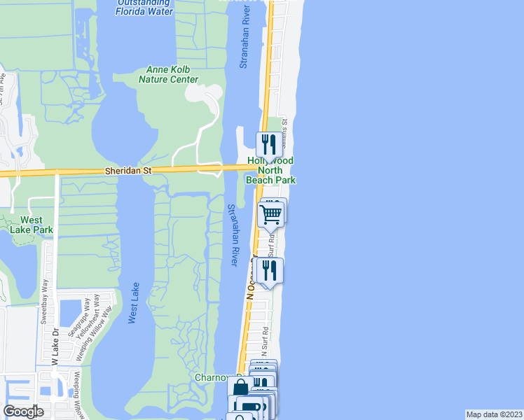 map of restaurants, bars, coffee shops, grocery stores, and more near 3415 North Ocean Drive in Hollywood