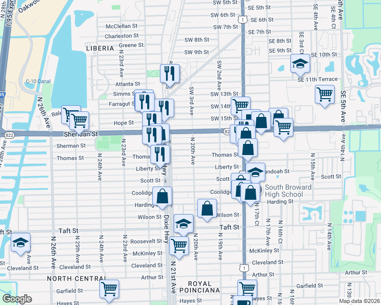 map of restaurants, bars, coffee shops, grocery stores, and more near 2017 Sherman Street in Hollywood