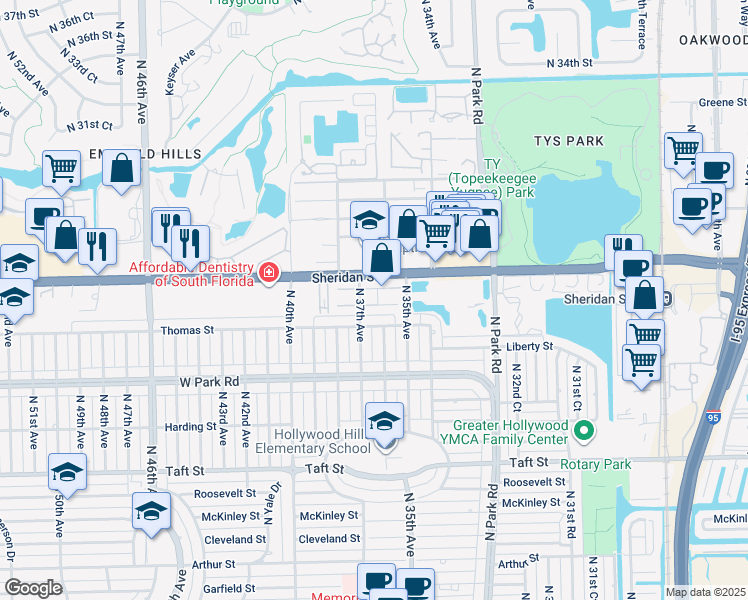 map of restaurants, bars, coffee shops, grocery stores, and more near 2463 North 37th Avenue in Hollywood