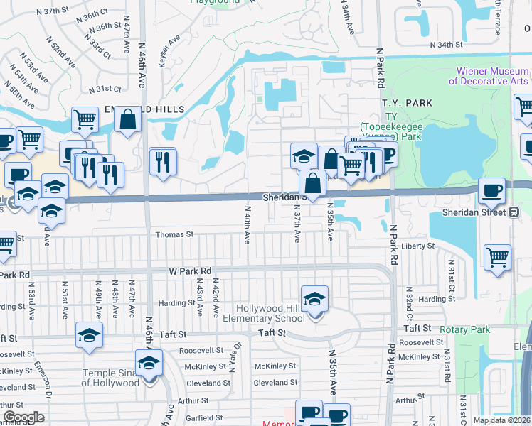 map of restaurants, bars, coffee shops, grocery stores, and more near 3850 Sheridan Street in Hollywood