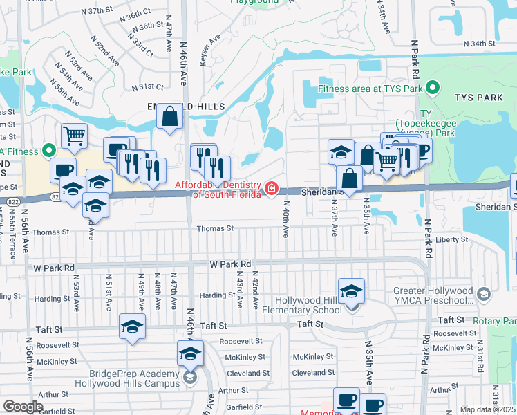 map of restaurants, bars, coffee shops, grocery stores, and more near 4200 Sheridan Street in Hollywood