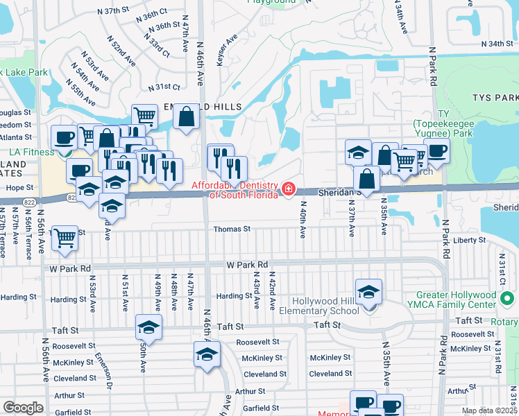 map of restaurants, bars, coffee shops, grocery stores, and more near 4300 Florida 822 in Hollywood