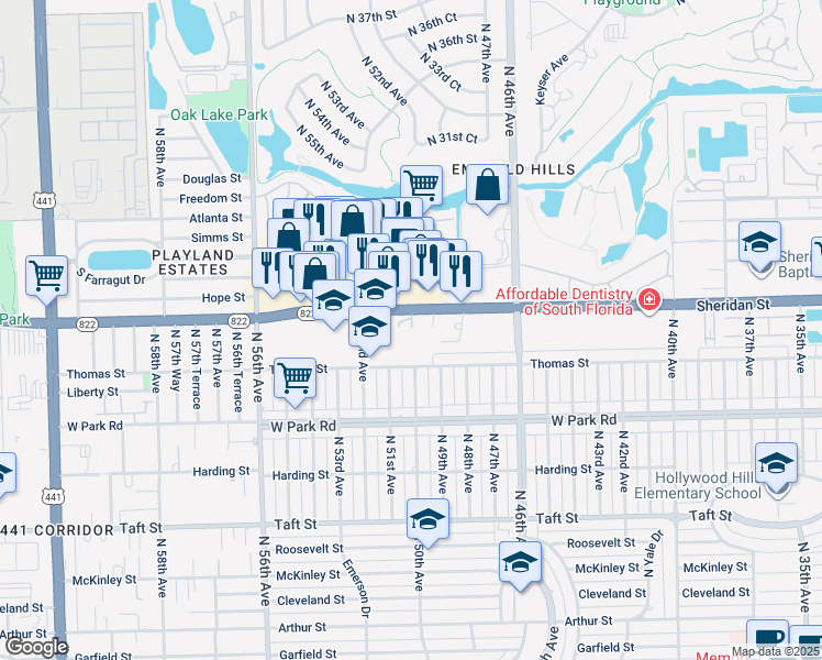 map of restaurants, bars, coffee shops, grocery stores, and more near 5008 Sheridan Street in Hollywood