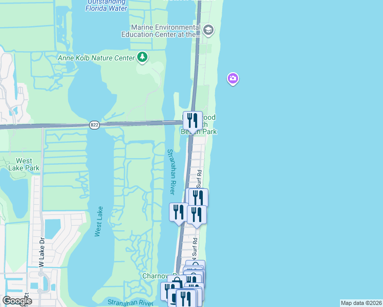 map of restaurants, bars, coffee shops, grocery stores, and more near 3415 North Ocean Drive in Hollywood