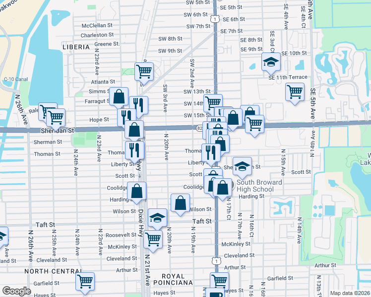 map of restaurants, bars, coffee shops, grocery stores, and more near 1919 Thomas Street in Hollywood