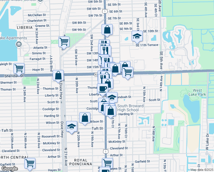map of restaurants, bars, coffee shops, grocery stores, and more near 2342 U.S. 1 in Hollywood