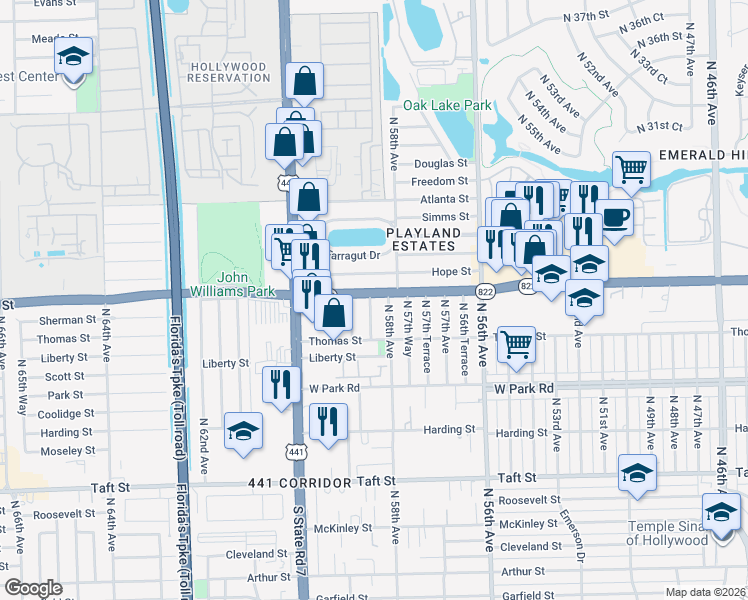 map of restaurants, bars, coffee shops, grocery stores, and more near 5827 Sheridan Street in Hollywood