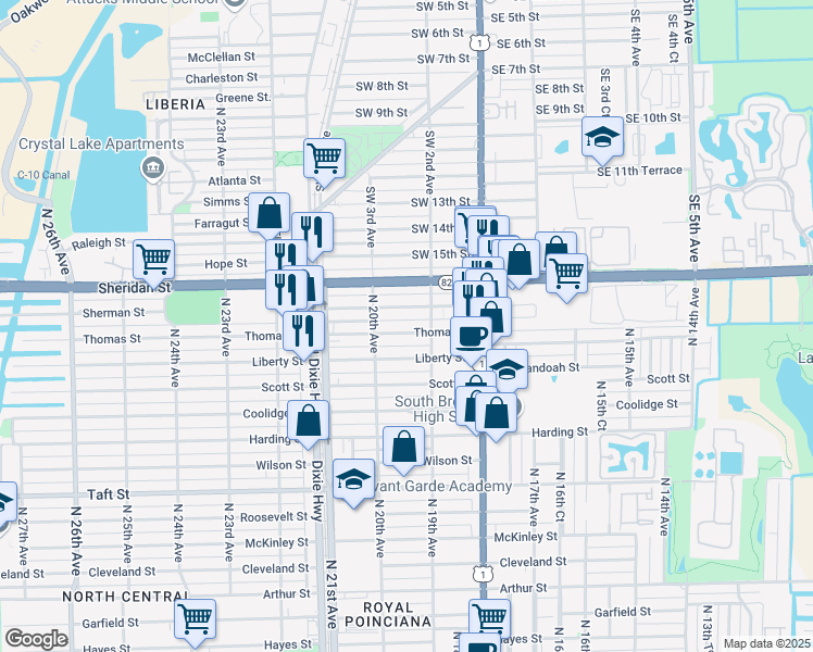 map of restaurants, bars, coffee shops, grocery stores, and more near 1929 Thomas Street in Hollywood