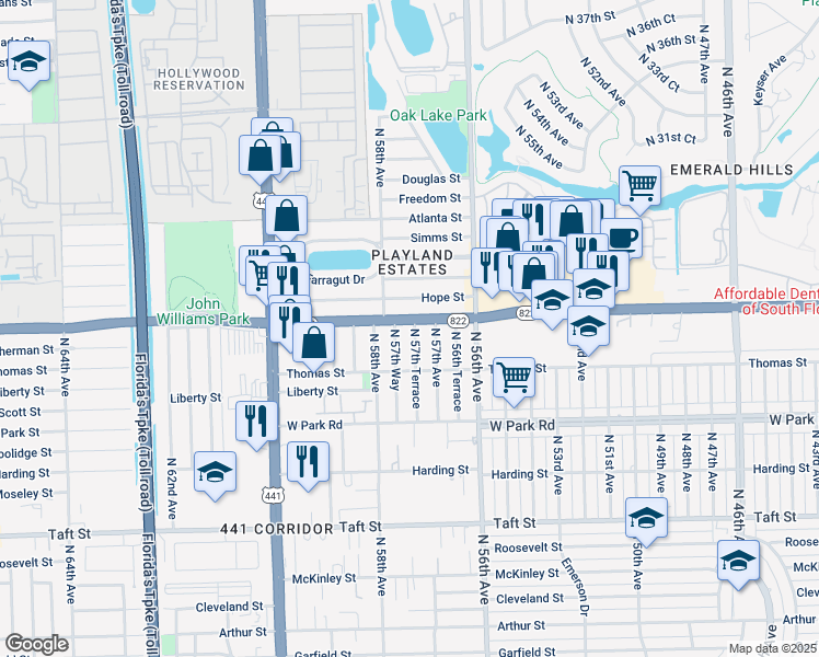 map of restaurants, bars, coffee shops, grocery stores, and more near 5731 Sheridan Street in Hollywood