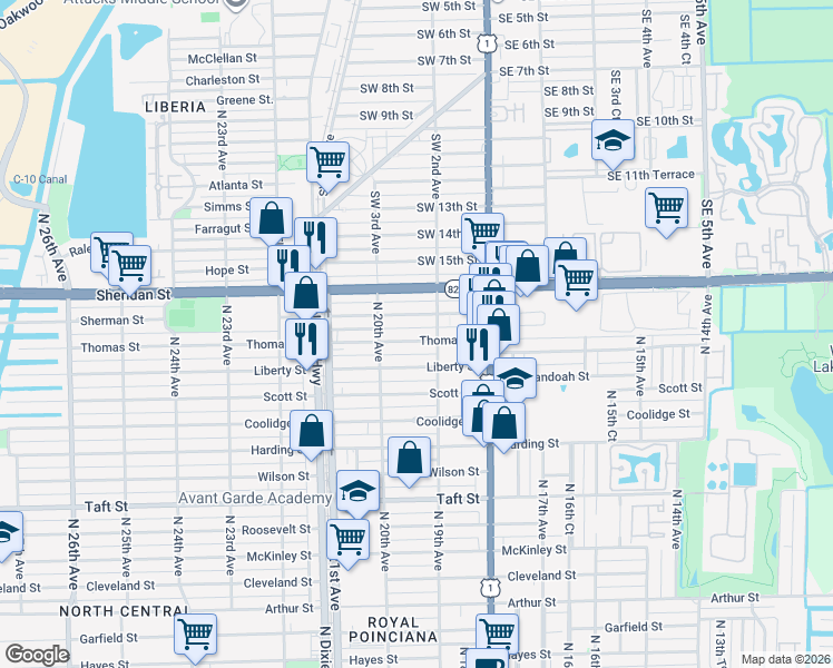 map of restaurants, bars, coffee shops, grocery stores, and more near 1936 Sherman Street in Hollywood
