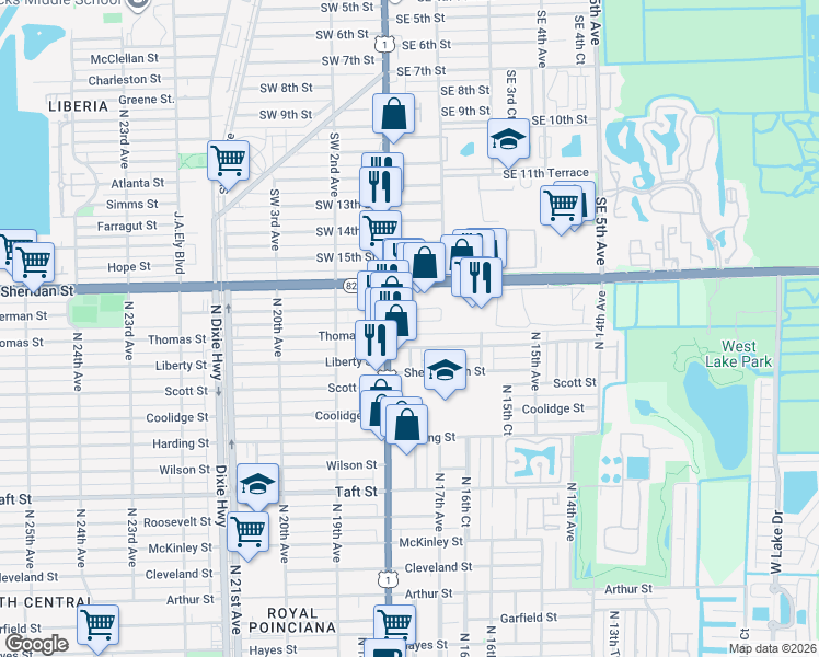 map of restaurants, bars, coffee shops, grocery stores, and more near 1723 Thomas Street in Hollywood
