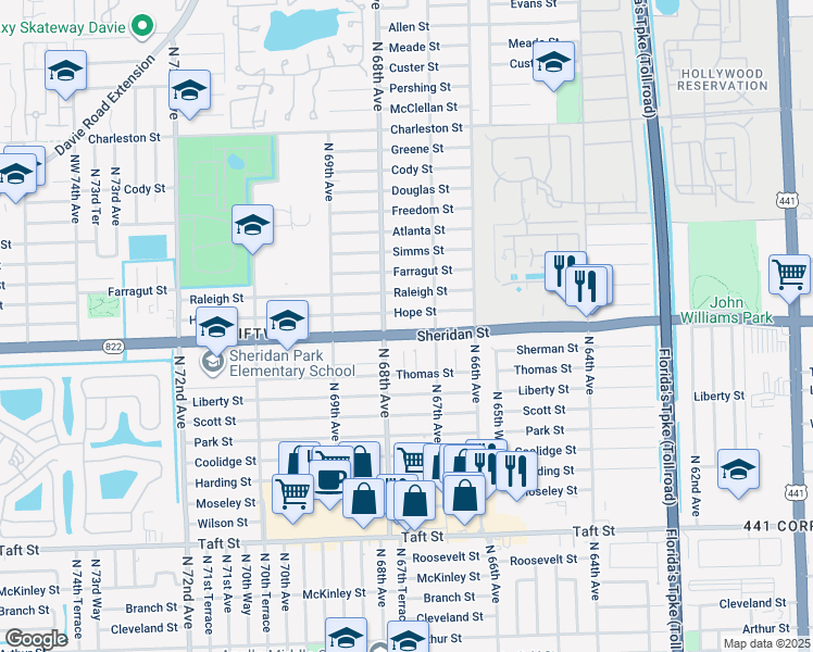 map of restaurants, bars, coffee shops, grocery stores, and more near 6721 Hope Street in Hollywood