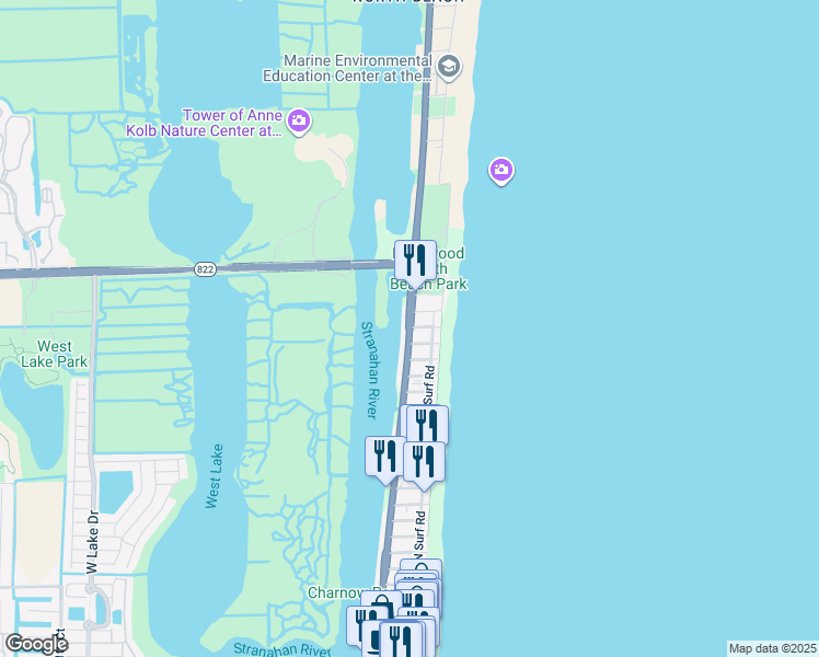 map of restaurants, bars, coffee shops, grocery stores, and more near 3415 North Ocean Drive in Hollywood