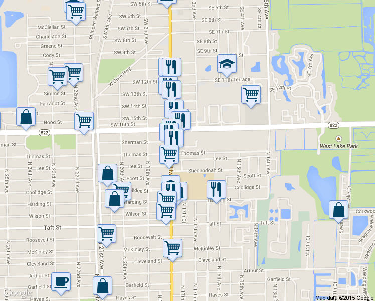 map of restaurants, bars, coffee shops, grocery stores, and more near 1723 Thomas Street in Hollywood