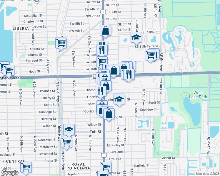 map of restaurants, bars, coffee shops, grocery stores, and more near 1723 Thomas Street in Hollywood