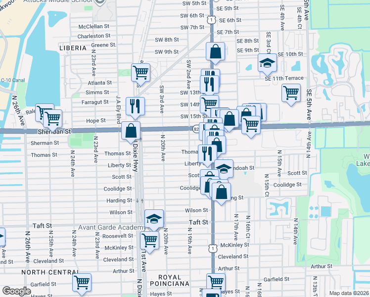 map of restaurants, bars, coffee shops, grocery stores, and more near 1856 Sherman Street in Hollywood