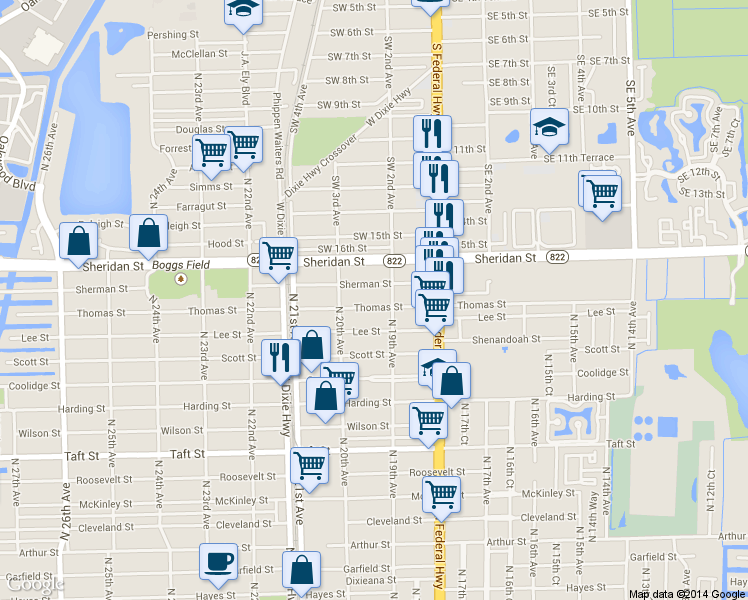 map of restaurants, bars, coffee shops, grocery stores, and more near 1936 Sherman Street in Hollywood