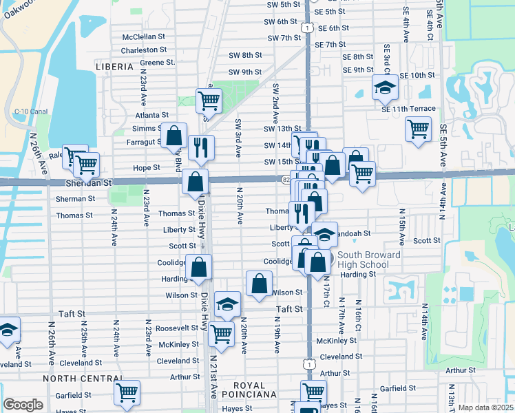 map of restaurants, bars, coffee shops, grocery stores, and more near 1936 Sherman Street in Hollywood
