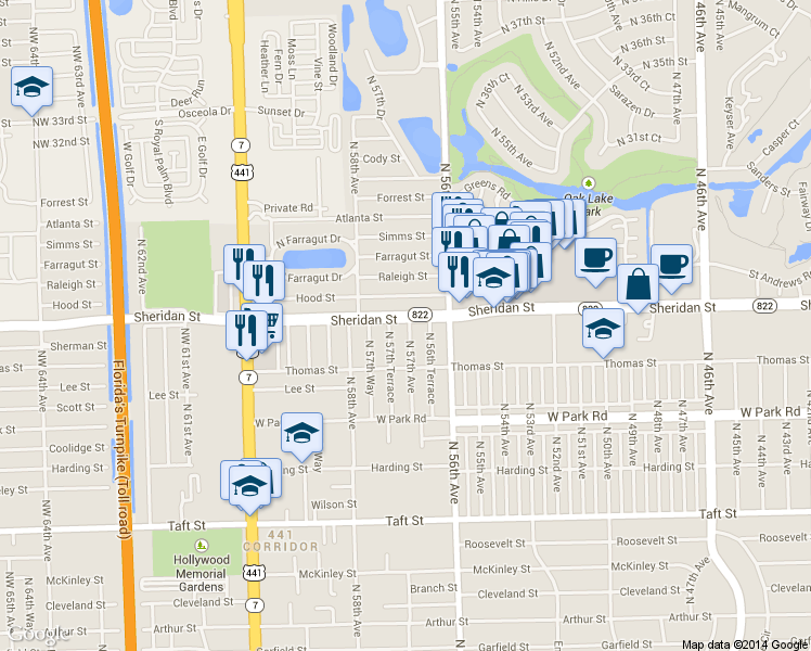 map of restaurants, bars, coffee shops, grocery stores, and more near 5641 Florida 822 in Hollywood