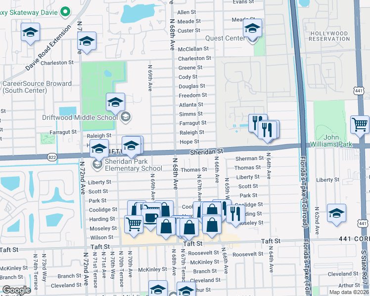 map of restaurants, bars, coffee shops, grocery stores, and more near 6721 Hope Street in Hollywood