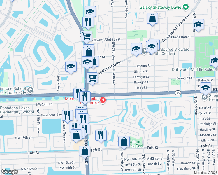 map of restaurants, bars, coffee shops, grocery stores, and more near 7830 Raleigh Street in Hollywood