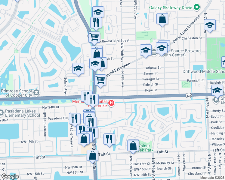 map of restaurants, bars, coffee shops, grocery stores, and more near 7830 Raleigh Street in Hollywood