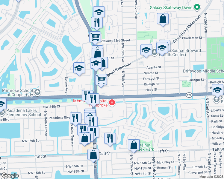 map of restaurants, bars, coffee shops, grocery stores, and more near 7901 Sheridan Street in Hollywood