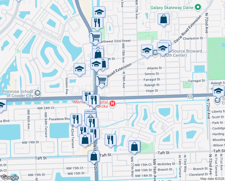 map of restaurants, bars, coffee shops, grocery stores, and more near 7901 Sheridan Street in Hollywood