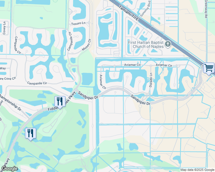 map of restaurants, bars, coffee shops, grocery stores, and more near 3149 Aviamar Circle in Naples