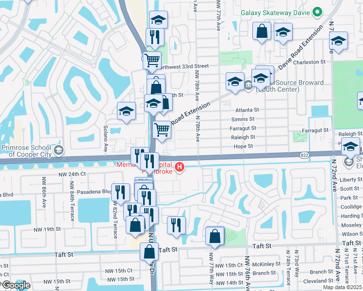map of restaurants, bars, coffee shops, grocery stores, and more near 7830 Raleigh Street in Hollywood