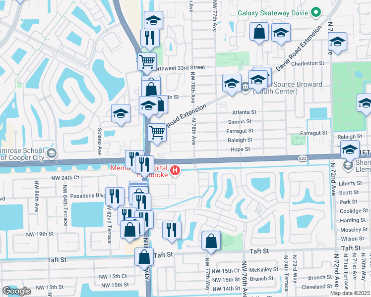 map of restaurants, bars, coffee shops, grocery stores, and more near 7830 Raleigh Street in Hollywood