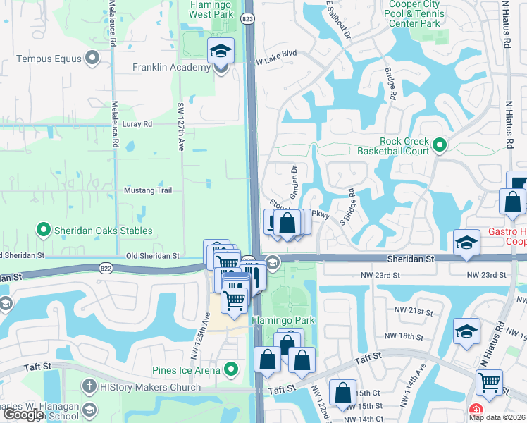map of restaurants, bars, coffee shops, grocery stores, and more near 2700 Stonebridge Parkway in Hollywood