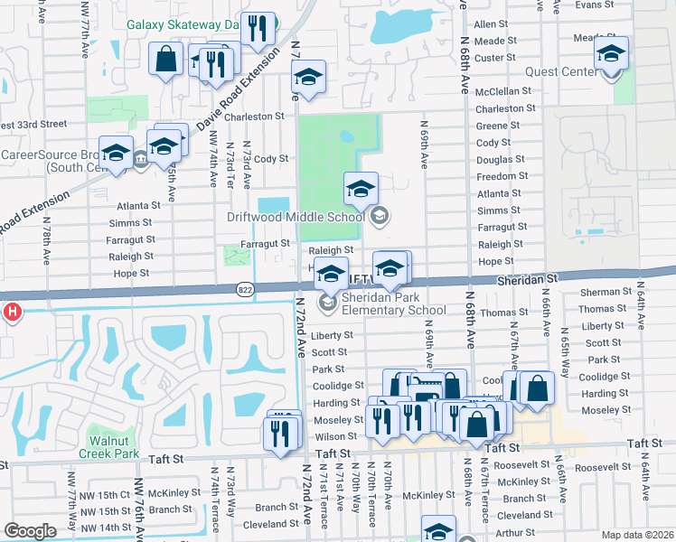 map of restaurants, bars, coffee shops, grocery stores, and more near 7091 Hope Street in Hollywood