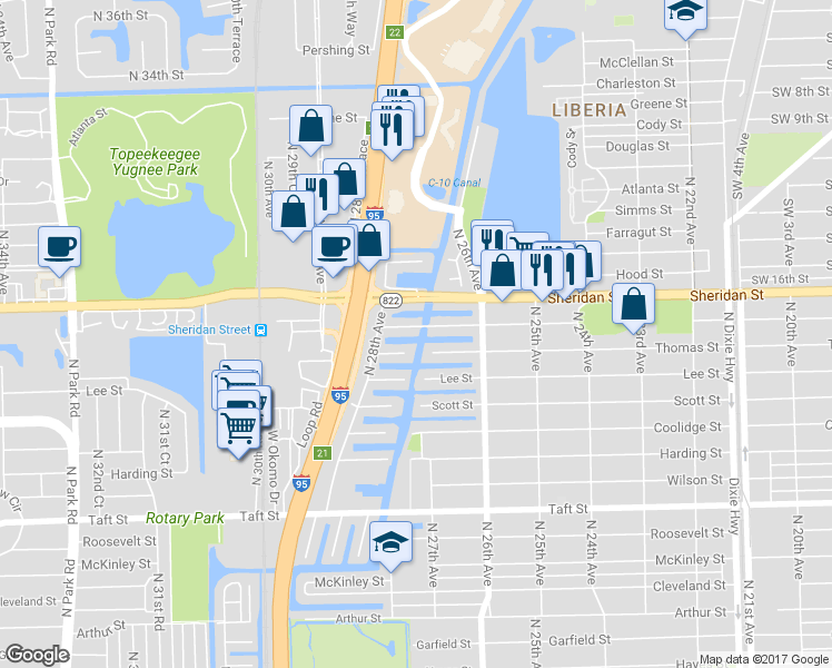 map of restaurants, bars, coffee shops, grocery stores, and more near 2647 Sherman Street in Hollywood