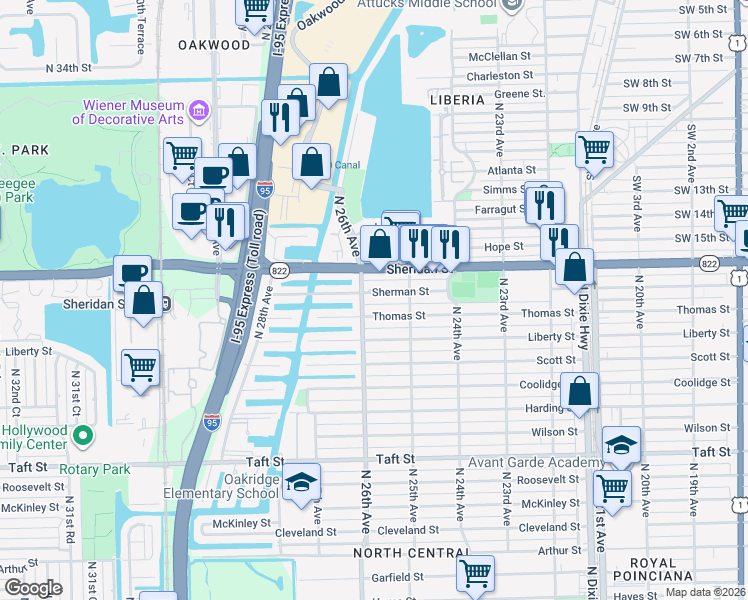 map of restaurants, bars, coffee shops, grocery stores, and more near 2527 Sherman Street in Hollywood