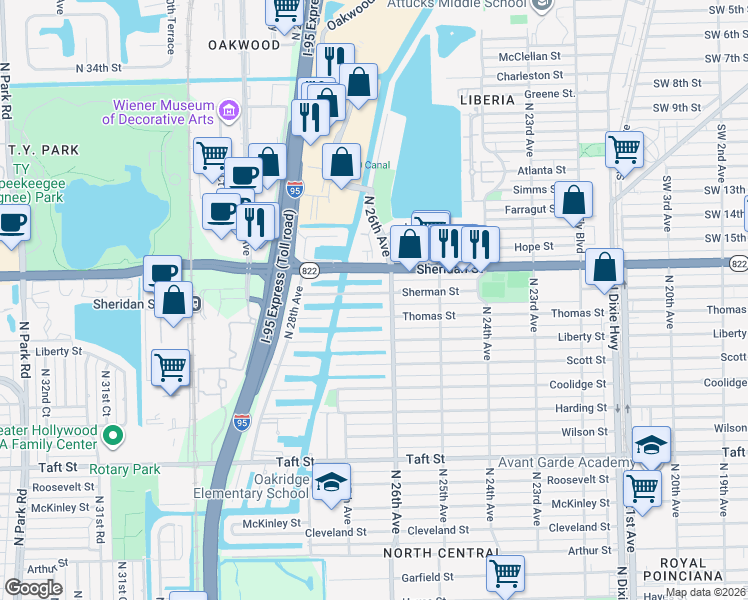 map of restaurants, bars, coffee shops, grocery stores, and more near 2611 Sherman Street in Hollywood