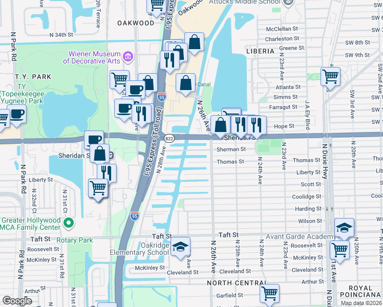 map of restaurants, bars, coffee shops, grocery stores, and more near 2647 Sherman Street in Hollywood