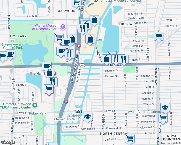 map of restaurants, bars, coffee shops, grocery stores, and more near 2647 Sherman Street in Hollywood