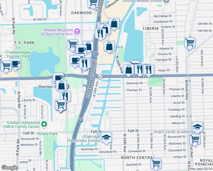 map of restaurants, bars, coffee shops, grocery stores, and more near 2647 Sherman Street in Hollywood