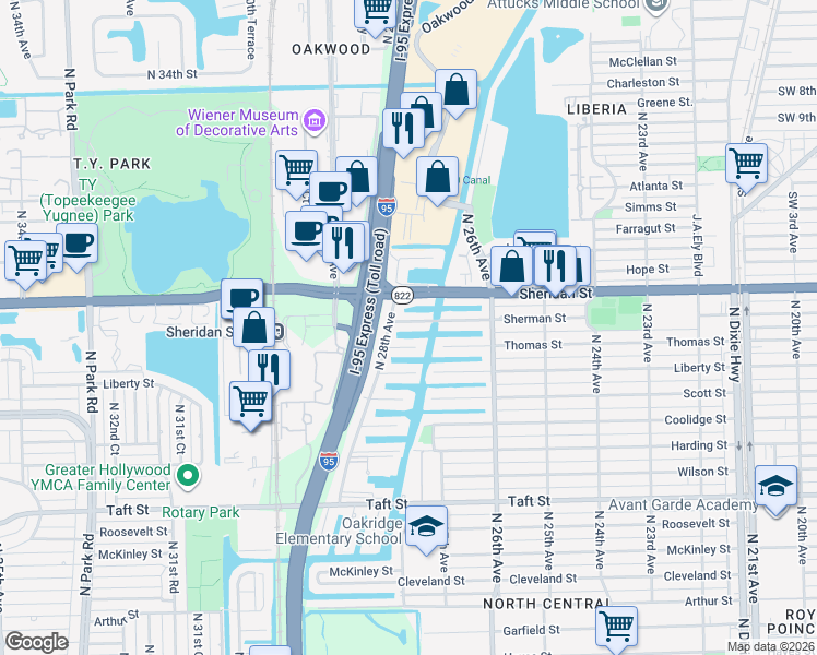 map of restaurants, bars, coffee shops, grocery stores, and more near 2725 Sherman Street in Hollywood
