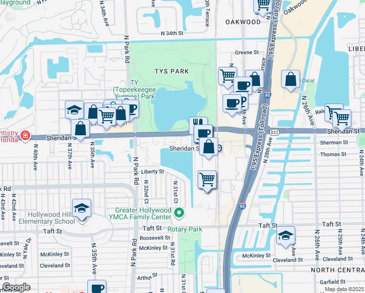 map of restaurants, bars, coffee shops, grocery stores, and more near 2447 Garland Circle in Hollywood