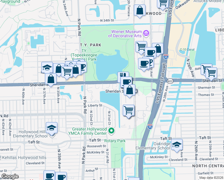 map of restaurants, bars, coffee shops, grocery stores, and more near 2428 Dickens Circle in Hollywood