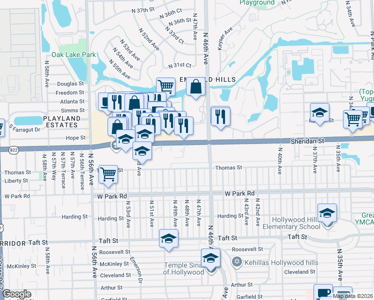map of restaurants, bars, coffee shops, grocery stores, and more near 4700 Sheridan Street in Hollywood