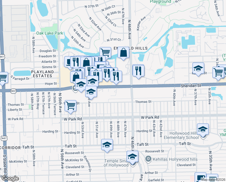 map of restaurants, bars, coffee shops, grocery stores, and more near 4914 Sheridan Street in Hollywood