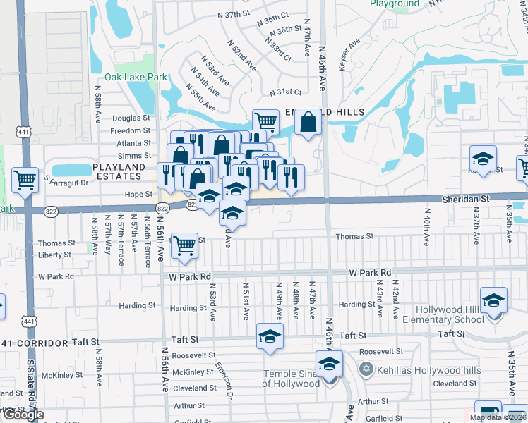 map of restaurants, bars, coffee shops, grocery stores, and more near 5008 Sheridan Street in Hollywood