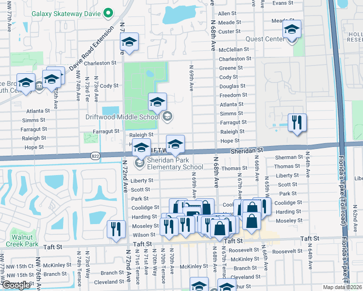 map of restaurants, bars, coffee shops, grocery stores, and more near 6931 Hope Street in Hollywood